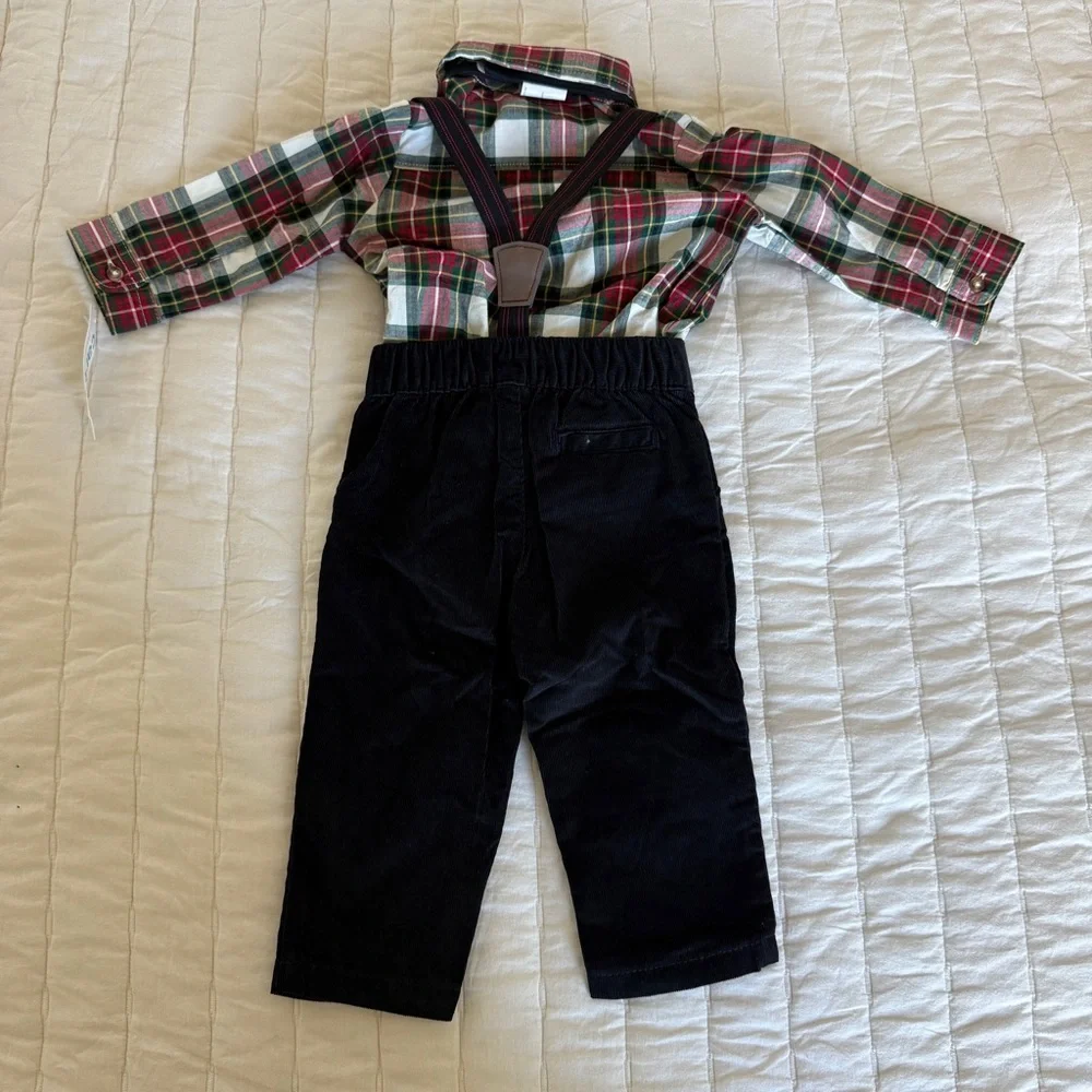 NWT CAERTERS Boys outfit plaid shirt bow tie suspenders corduroy pants holiday